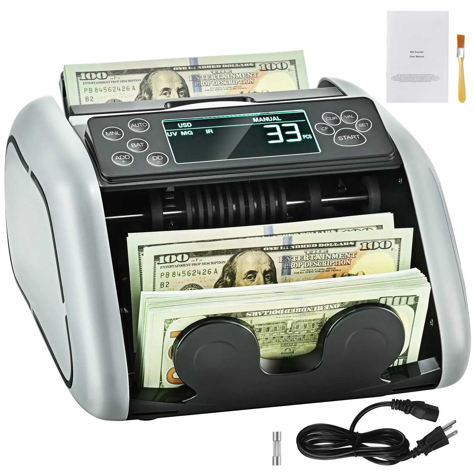 Money Counter Machine with UV, MG, IR, DD Counterfeit Detection - Cash Counting Device for USD, EUR, Small Biz with Large LCD & External Display