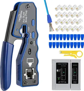 RJ45 Crimp Tool Kit for Cat5e/Cat6/Cat6a, Pass-Thru Ethernet Crimper with Tester (9V Battery Not Included), 8P8C All-in-One Tool