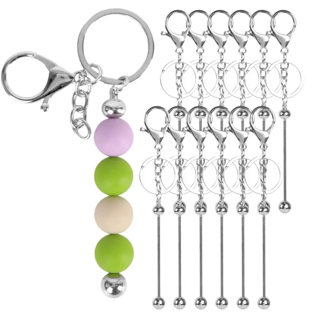 12Pcs Beadable Keychains Bars Bulk Blank Beaded Metal Keychain for Craft DIY Gift Jewelry Making Gift
