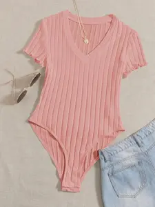 ! V Neck Ribbed Slim Fit Short Sleeve Jumpsuit, Stylish Summer Wear, Comfortable and Trendy, Perfect for Casual, Bodysuit