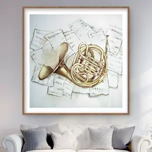212 MAIN Horn-on-Music-Sheet Framed Matted Photo Print Wall Art, 48x48 in, Artistic Songs-Themed Room Decoration, Home Decor Gift