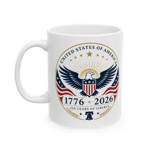 Sturdy 11oz Ceramic Reusable Glossy Mug, American Eagle Seal Design, Patriotic 1776 Emblem, USA Flag Accent
