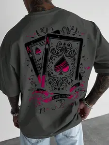 Men's Vintage Poker Card Short Sleeve Slim Fit Casual Streetwear T-Shirt, Fitted Graphic Tee, Long Clothing Length, Short Sleeve Style