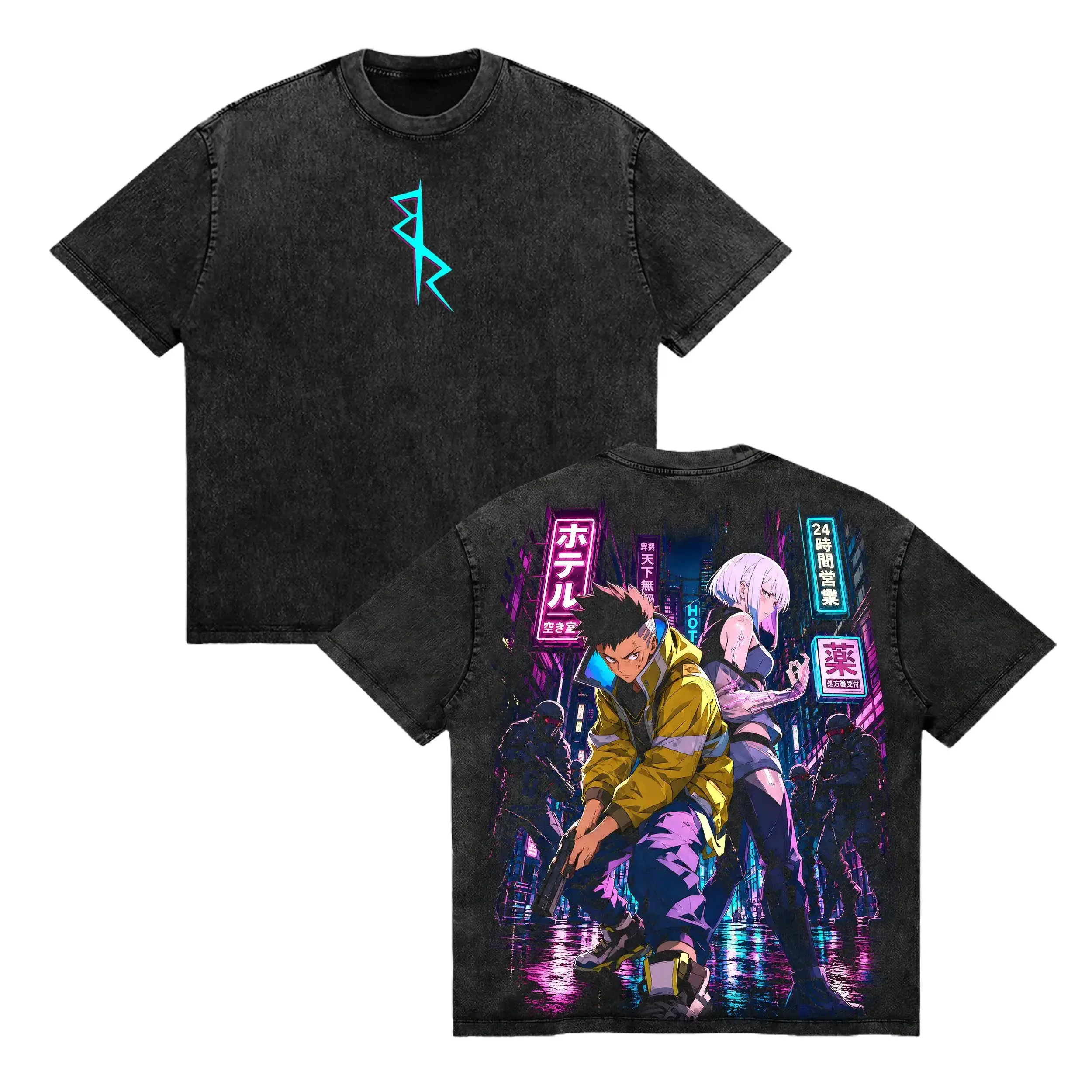 David x Lucy Cyberpunk Edgerunners Anime Graphic Tee Vintage Washed Heavyweight Cotton Oversized T-Shirt for Men. Neon Sci-Fi Streetwear Casual Summer Round Neck Top. High Resolution 2D Manga Print Machine Washable Retro Mens Clothing Y2K Street Style.