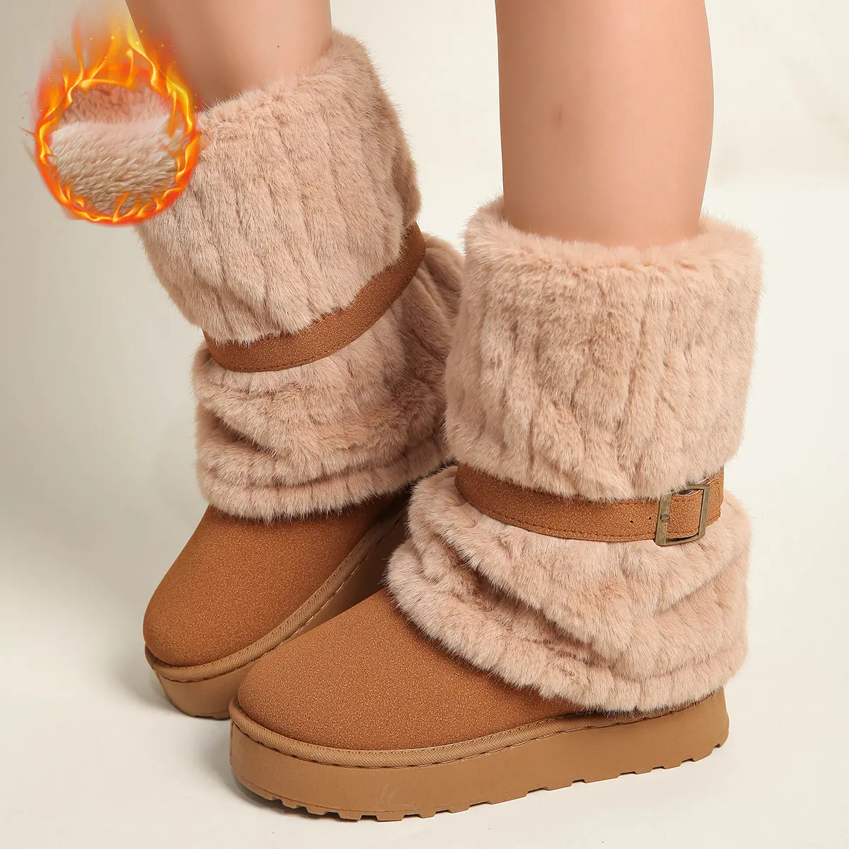 Women’s mid-calf snow boots with faux fur trim and metal buckle straps: thick-soled, fleece-lined, warm mid-calf boots for trendy fall and winter looks