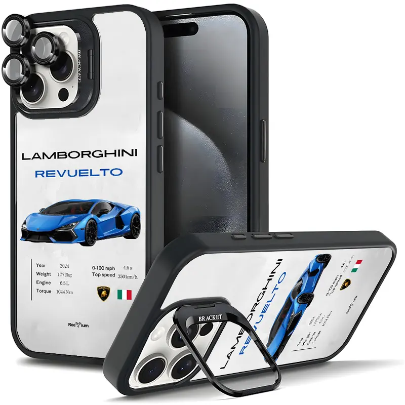 Lamborghini Revuelto Sports Car Smartphone Case, Handheld Cellphone Casing for iPhone 17/AIR/16/15/14/13/12/11 PRO PLUS MAX & Samsung Devices, Magnetic Tough Metal Lens Frame Cover with Bracket Stand, Full Camera Protection, Car Accessories (11X-L1336)