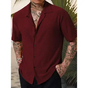 Manfinity Homme Men's Vacation Casual Style, INS Matched With A Knitted Black And White Geometric Striped Crochet Textured Jacquard Loose Short-Sleeve Shirt. Featuring A Button Placket, This Shirt Embodies French Elegance And Romance, Making It Perfect Fo