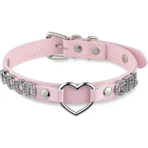 Black Heart O-ring Letter Choker Necklace For Women, Punk Handmade PU Leather Leash Collar Adjustable Gothic Jewerly