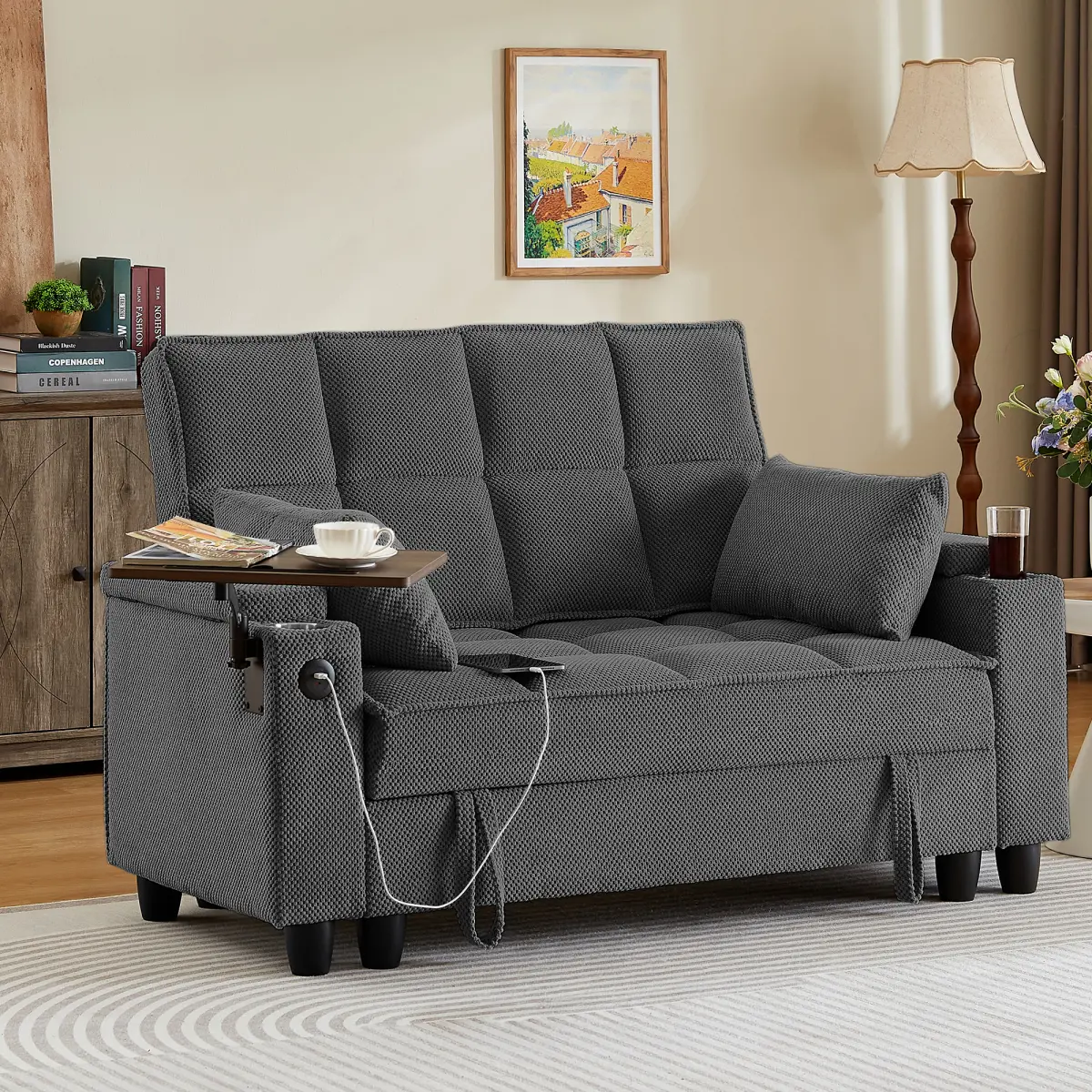 Dark Gray Tufted 2-Seater Loveseat Sofa with Storage - USB Charging Port, Built-In Cup Holders, 360° Swivel Side Table, Hidden Under-Seat Storage, Modern Upholstered Couch for Living Room, Apartment