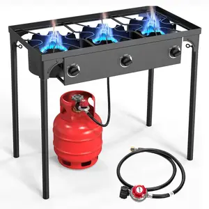 Pinehome 1/2/3 Burner Propane Gas Stove, 75,000-225,000 BTU High Pressure Outdoor Camping Burner with CSA Regulator, Picnic Cooker for Turkey Frying & Home Brewing