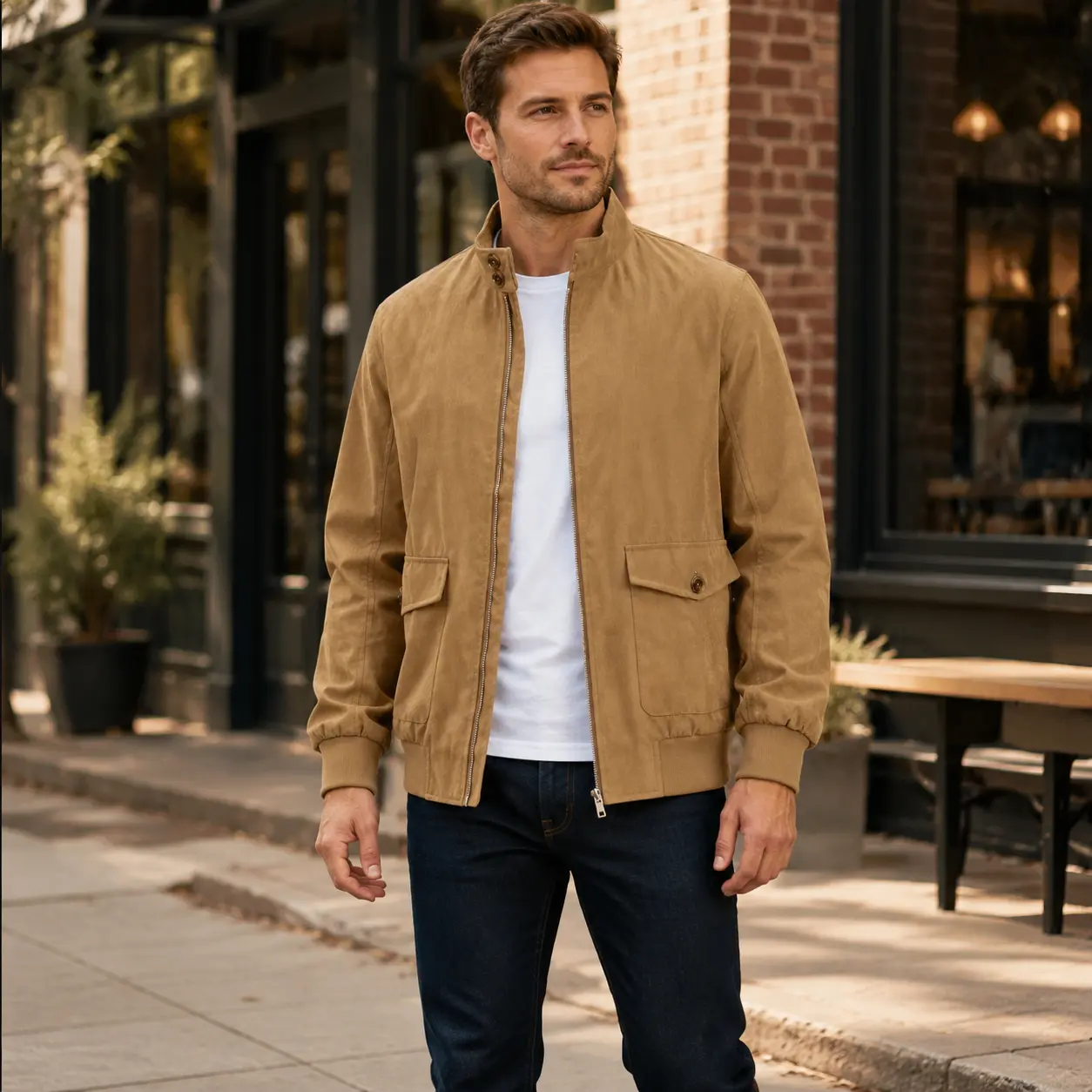 Men’s Casual Utility Bomber Jacket, Solid Color Stand Collar Zip Up Long Sleeve Outerwear with Dual Front Flap Pockets and Elastic Cuffs, Workwear Style Jacket for Spring Fall Daily Wear, Commuting and Travel
