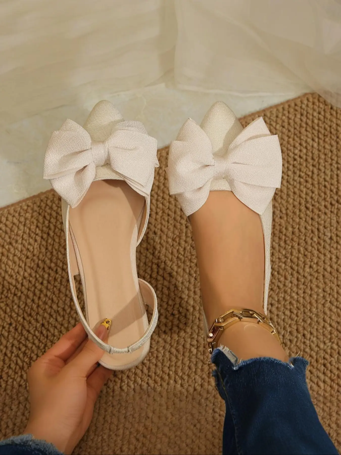 Women's 2026 Hot Trending Bow Detail Glitter Slingback Pointed Toe Slip On Flat Pumps, Elegant Comfy Footwear for Party, Wedding & Daily Occasions, Fashion Dress Shoes for Women & Girls, Bowknot Design Flats