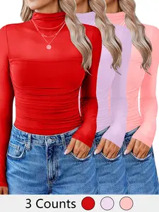 Women's T-Shirt Lady New Basic Plain High Neck Turtleneck Mesh Patchwork Transparent Slim Fit Long Sleeve T-Shirt, Elegant Casual Fashion Top for All Seasons