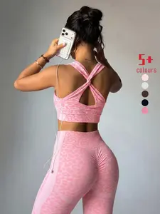 New Leopard Print Detachable Padded Bra Seamless Cross Back High Waist Sporty Bottoms Set for Women, Athletic Sets, All Seasons Slim Fit