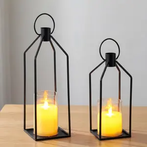 12+15in Flameless Candle Lanterns, Decorative Lanterns with Timer, Set of 2 Gold Metal Lanterns with Flickering LED Candles, Indoor Outdoor Lantern Decor for Porch, Table, Fireplace, Black