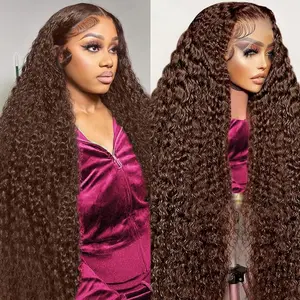 Chocolate Brown Deep Wave Lace Front Wigs Human Hair 180 Density 13x6 HD Lace Frontal Wig Curly Human Hair Pre Plucked Wig for Women Brown  with Natural Hairline