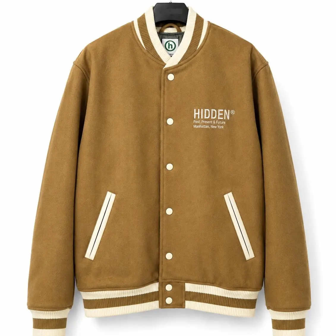 HIDDEN NY PPF PAST PRESENT FUTURE EMBROIDERED VARSITY JACKET - TAN