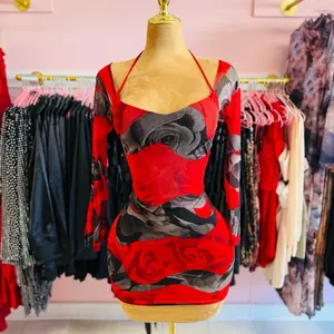 Hanna Dress - Red and Gray Floral Design Fashion Item as Showcased