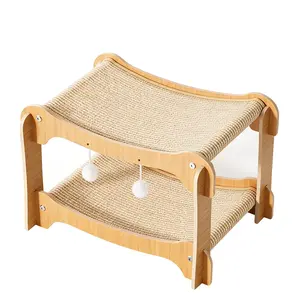 2-Tier Wooden Cat Scratcher Bed, Wear-Resistant Sisal Cat Scratching Board with Interactive Hanging Balls, Double-Decker Cat House for Rest & Play, Anti-Tip Furniture Protection Cat Scratcher for Indoor Small Medium Adult Cats & Multi-Cat Households,summe