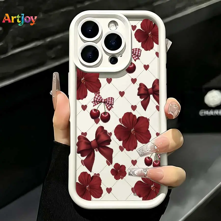 Coquette Red Bow Cherry Flower Heart Lattice Durable Shockproof TPU Soft Silicone Phone Case - Protection for Galaxy S25,S24,S23,S22,S21 Plus/FE/Ultra & A33, iPhone 17 Pro Max,16,15,14,13 - Ideal Birthday Gift for Phone Accessories Enthusiasts