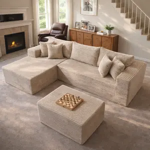 CAODOC 108'' Modular Cloud Couch Style Boneless Sectional with Ottoman, Plush Deep Seat Corduroy Memory Foam Sofa, Free Combine L Shape Chaise, No Assembly for Living Room  ￼
