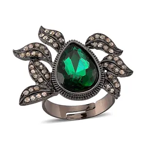 Champagne Crystal, Green Glass Leaf Ring in Dark Silvertone