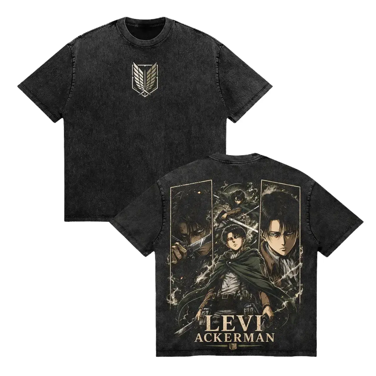 Levi Ackerman Attack on Titan Anime Graphic Menswear T-Shirt, Vintage Washed Oversized Mens Short-Sleeve Top with Large Back Print, High-Res 2D Vector Fabric, Round Neck, Machine Washable Black/White Streetwear Gift, Shortsleeve, Tshirt, Pure Cotton, Capt