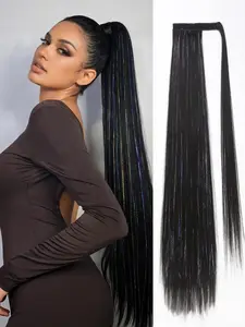 26 Inch Synthetic Heat Resistant Straight Ponytail Hair Extensions, Black Clip-In Or Wrap-Around Wear, Natural Black Ponytail Wig, Women Ponytail Wig for Daily Use, Synthetic Hair Wigs