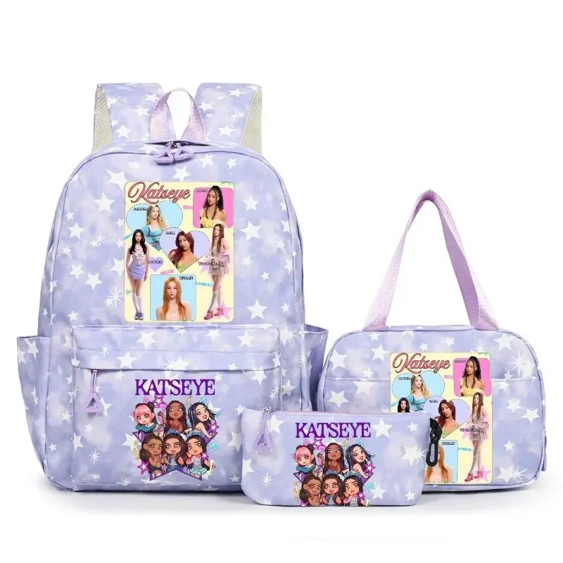Music Katseye Backpack Leisure Snow Print 3pc Capacity Junior/High School Student School Bag With Lunchbag Travel Mochila Female