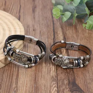 2pc Men's Retro Black PU Leather Multi-layer Braided Bracelet Punk Style 'God Bless' Bracelet Party Birthday Gift