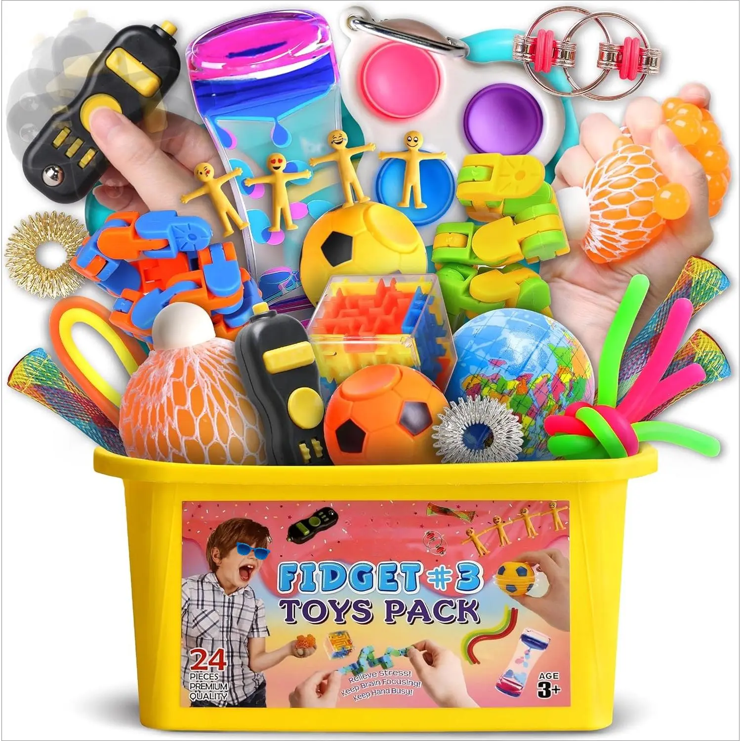 FunKidz 001-XLL Unisex Mystery Pack Sensory Bundle - Reusable Learning & Decompression Toys Pack (Over 3 Fidget Toys, Squishies, Stress Ball, Portable Storage Box) for Kids 3-12