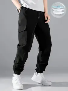 Men's leggings, double pocket patch pockets, elasticated waistband, drawstring at the waist, elastic leggings, perfect for all seasons, must-have pants for outdoor casual! Menswear Beige Plain Trouser Black