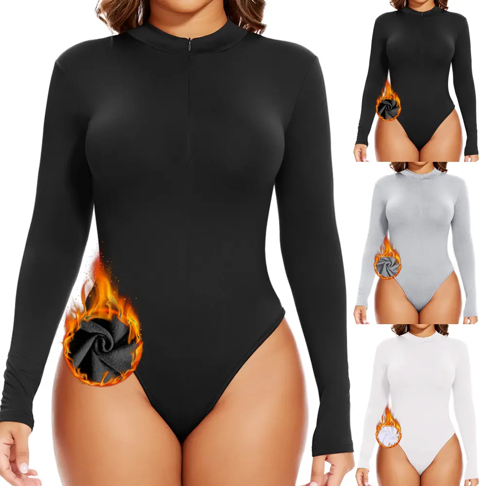 Women's Mock Neck Bodysuit, Long Sleeve Fleece-Lined Thermal Zip-Up Polyester Top, Basic Winter Layering Piece, Lady, Women's Clothes, Solid, Slim-Fitting, Zip-Up Front