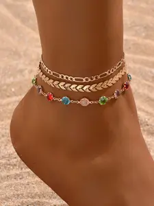 Women's Crystal Figue Chain Anklet Set Ankle Bracelet, Beach Style Fashion Jewelry, Simple Metallic Wheat Chain Foot Accessory
