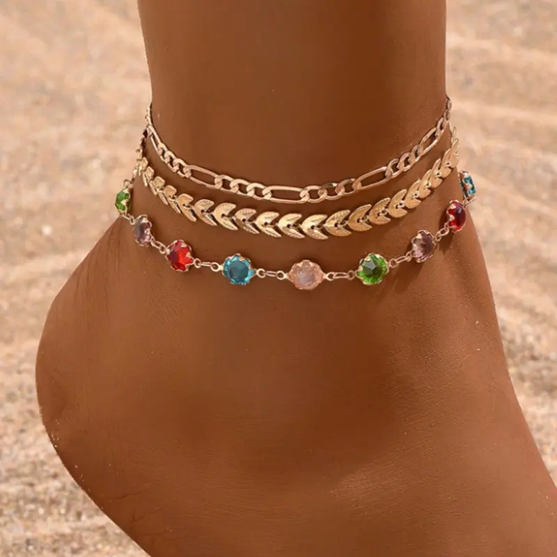 Women's Figaro Chain Anklet Set, Beach Style Fashion Jewelry, Simple Metallic Wheat Chain Ankle Accessory, Ankle Bracelet, Foot Bracelet, Ankle Bracelets Set