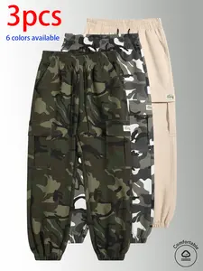 3-pack men’s long pants: men’s camouflage cargo jogger pants, loose slim fit multi-pocket casual pants with elastic drawstring design, available in multiple colors, suitable for everyday wear, holiday travel, and outdoor hiking.