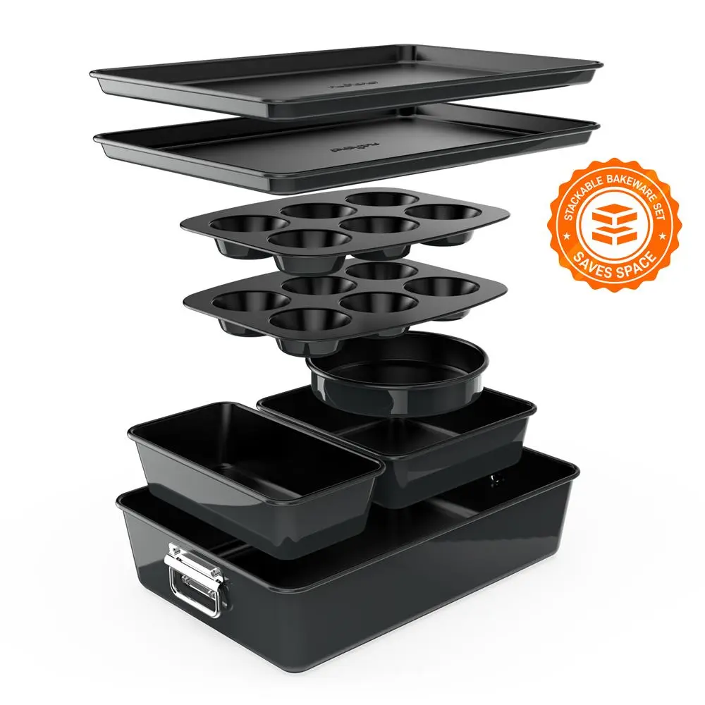 Nutrichef 8-Piece Nonstick Bakeware Set - Black | Space-Saving Stackable Baking Pans - Oven Safe, Dishwasher-Safe & Easy-Clean - Perfect for Home Baking, Food Prep & Serving Tray - Kitchen Essentials