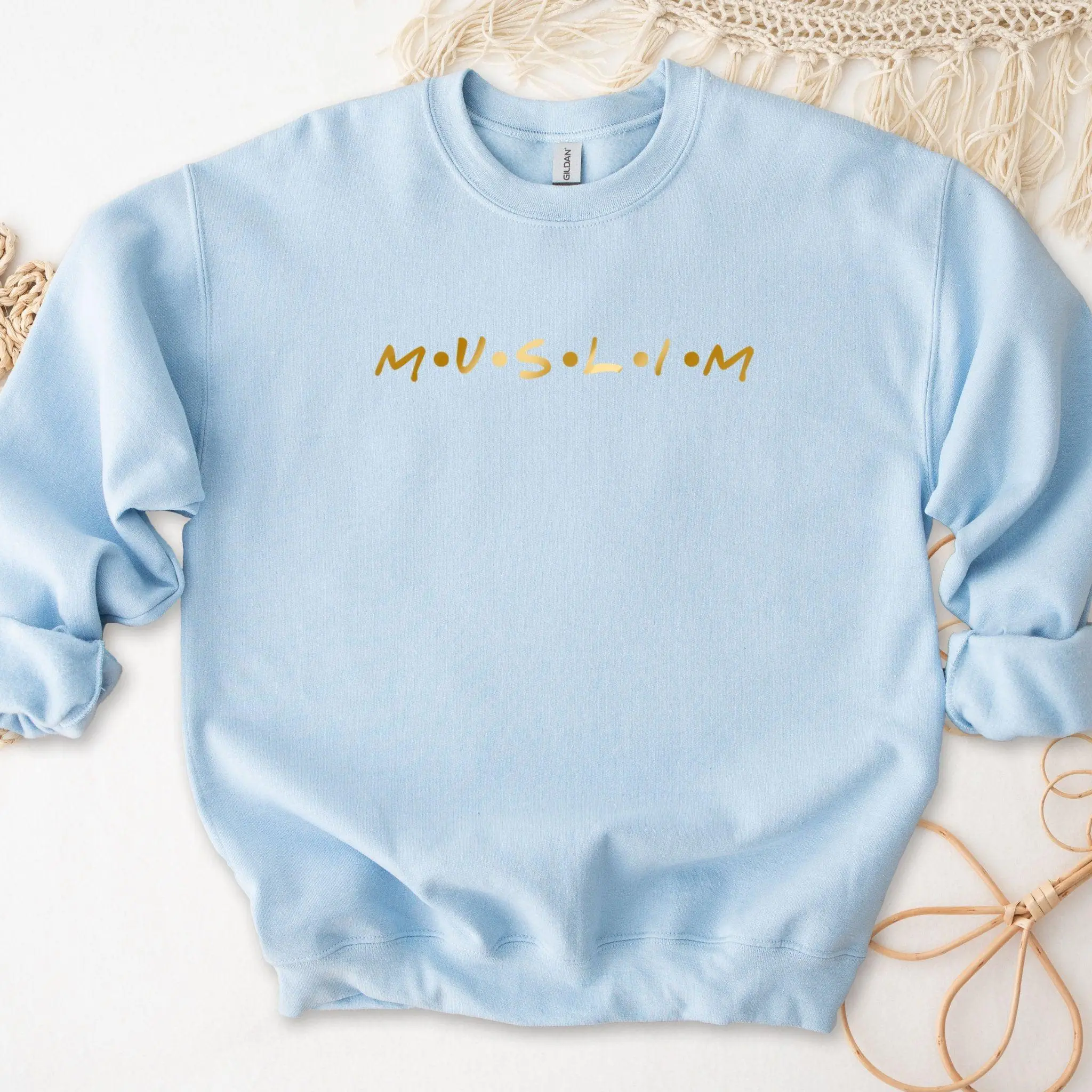 GOLD Muslim Sweatshirt by Humraha | Desi Arab Muslim Fashion Apparel Gifts for Ramadan Eid Nikkah Wedding Couples Families New Moms Aunts Uncles Grandparents | Pakistan India Bangladesh Palestine Lebanon Egypt Syria