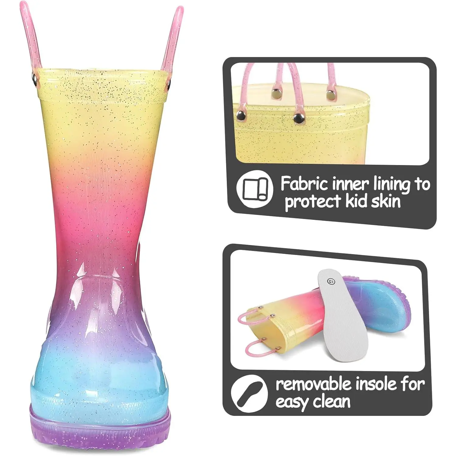 K KomForme Kids Rain Boots, Waterproof Light up Boots with Easy-on Handles
