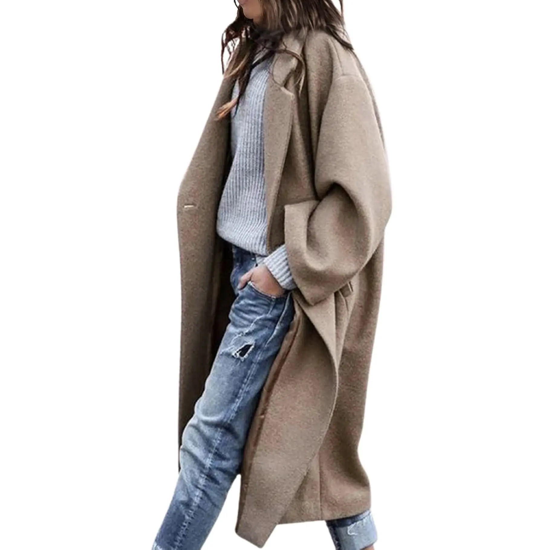 CHARTOU Women's Casual Trench Coat - Baggy Solid Wool Blend Double-Breasted Overcoat with Drop Shoulders for a Basic Daily Look, Dress