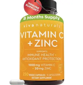 Vitamin C and Zinc Supplements 1000mg - Zinc 20mg (250 Veggie Capsules) - High-Potency & Vitamin C with Zinc for Immune Support - Non-GMO, Gluten Free (8 Months Supply)
