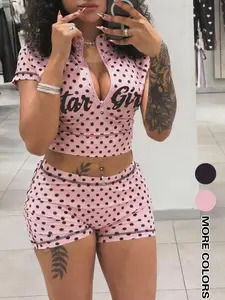 Women's Two-Piece Set Womenswear with Polka Dot Print, Lightweight Short Sleeve T-Shirt Top + High Waist Shorts, Summer Casual for Daily Wear Clothes