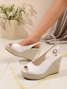 Women's Black Patent Leather Peep Toe Espadrille Wedge Heel Ankle Strap Sandals, French Summer Vacation Beach-Chic Style, Non-Slip Casual Fashion Sandals #PeepToeWedgeSandals, #BeachChicShoes, #SummerVacationChic