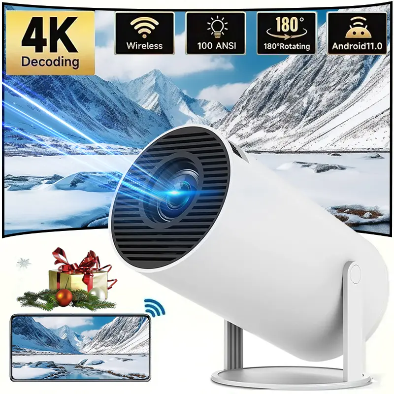 Mini portable projector, supporting Wi-Fi 5 and Bluetooth 5. It can perform screen adjustment and 180-degree rotation. It is a home video projector with an Android operating system built in.The perfect Christmas and New Year gifts.