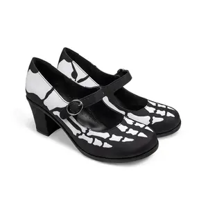 Hot Chocolate Design Mid Heels Bold Skeleton Print Mary Jane Pump Vegan Friendly 2.5 Inch Heel Comfortable Synthetic Lining