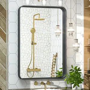 New 1pc Black Bathroom Wall Mirror Vanity Metal Frame Round Corner Rectangular Mirror Home Living Room Entryway Decor (Horizontal/Vertical) Glass Iron