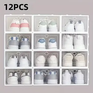 12-Piece large stackable plastic shoe cabinet storage box, transparent shoe box, folded space-saving shoe storage container with ventilation holes, fashionable and durable shoe finishing box