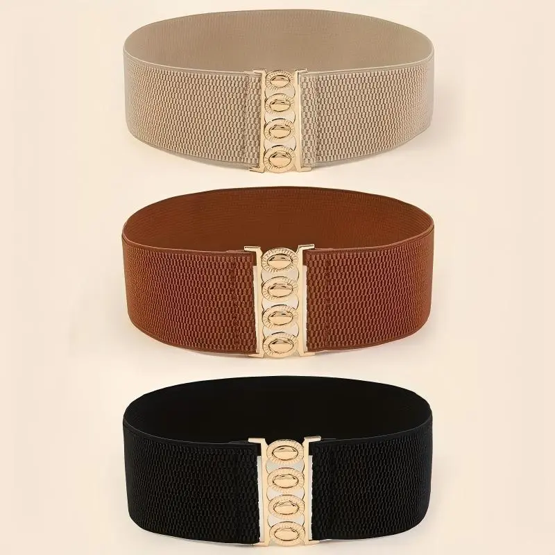 3 Pcs Wide Elastic Waist Belt for Women – Stretchy Cinch Belt with Gold Buckle, Vintage Waspie Corset Belt for Dress Coat, Fashion Waistband Belt Set Black Brown Beige
