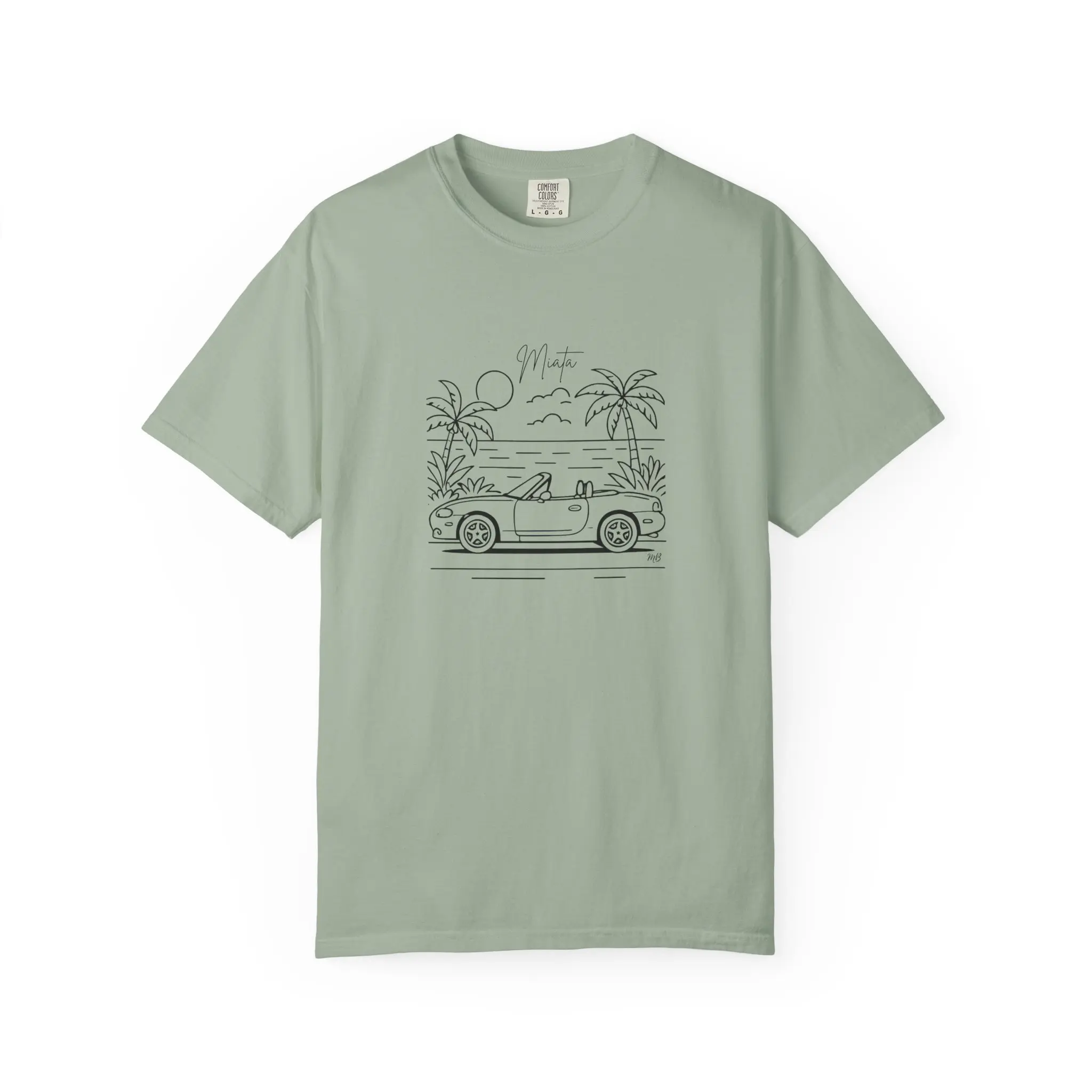 Mazda Miata Convertible  T-shirt with Palm Trees & Ocean Line Art