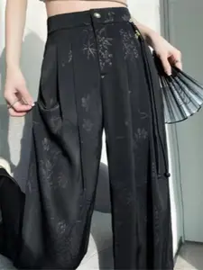 New Dark Floral Jacquard Wide Leg Pants, Bamboo Leaf Pattern, Drape Fabric, Side Tassels, Commuter Traditional Chic Elegant Style, Womenswear